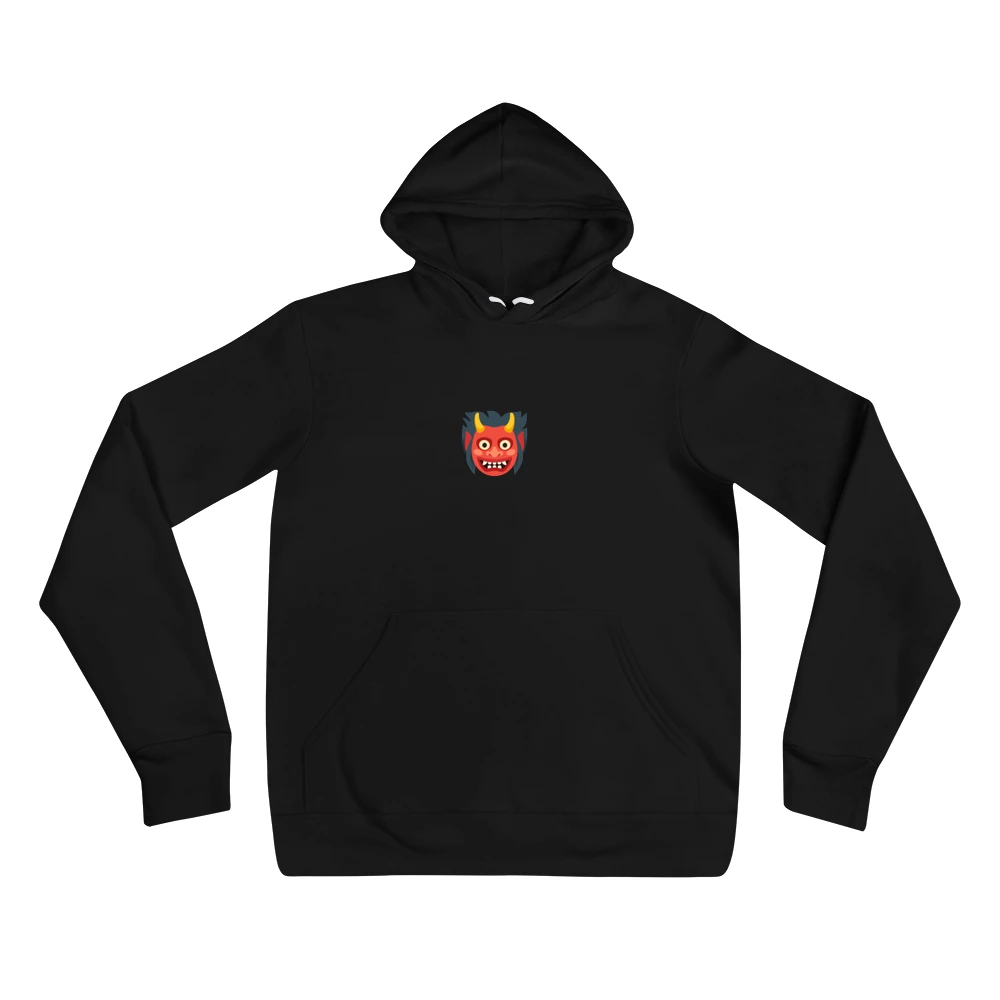 Hoodie with the phrase '👹' printed on the front