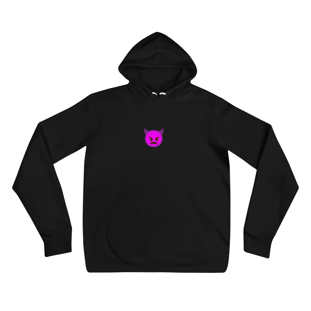 Hoodie with the phrase '👿' printed on the front