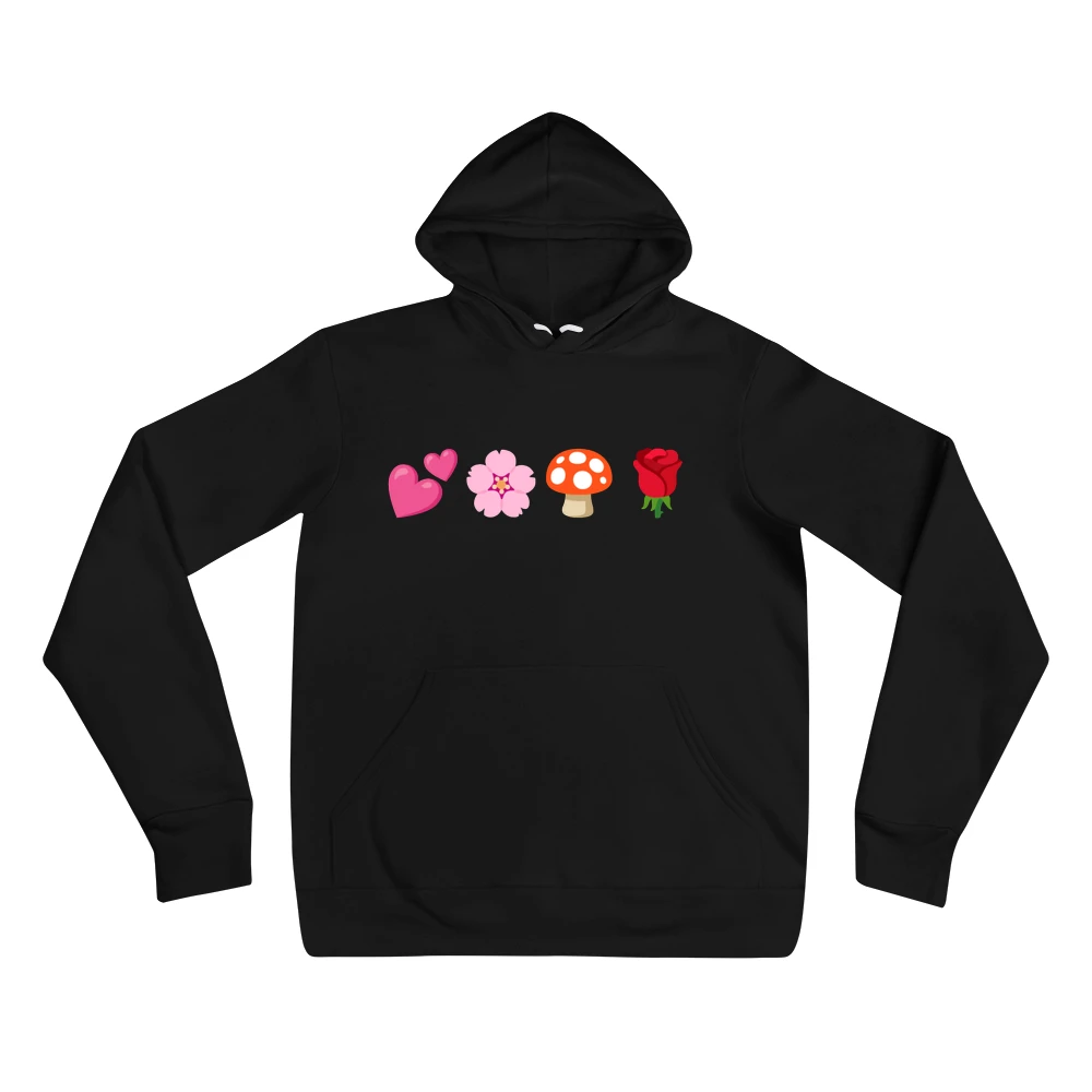Hoodie with the phrase '💕🌸🍄🌹' printed on the front