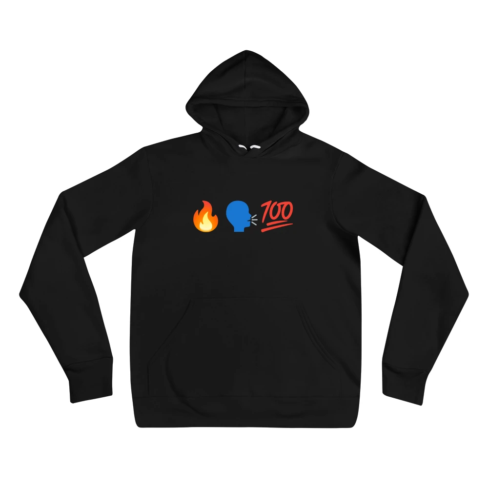 Hoodie with the phrase '🔥🗣️💯' printed on the front