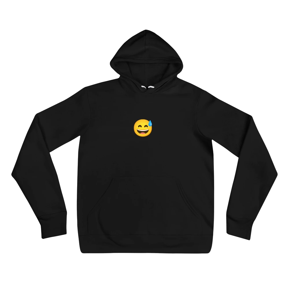 Hoodie with the phrase '😅' printed on the front