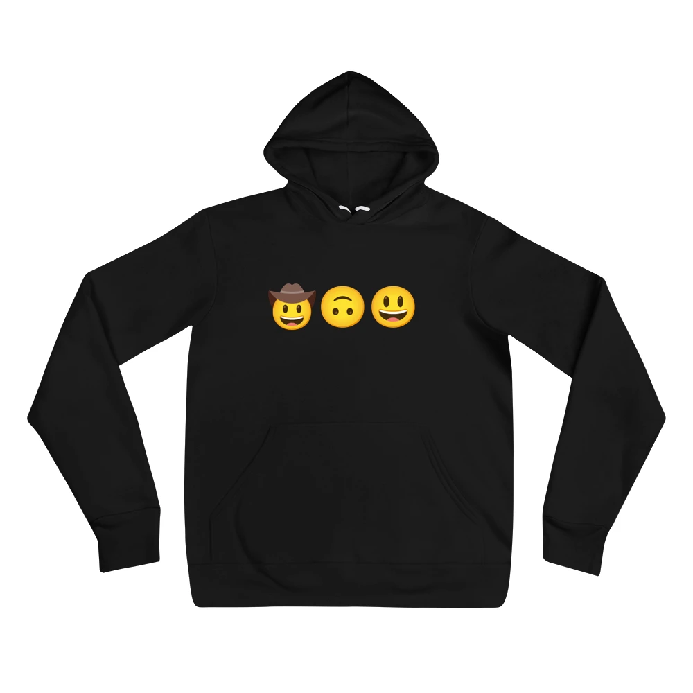 Hoodie with the phrase '🤠🙃😃' printed on the front