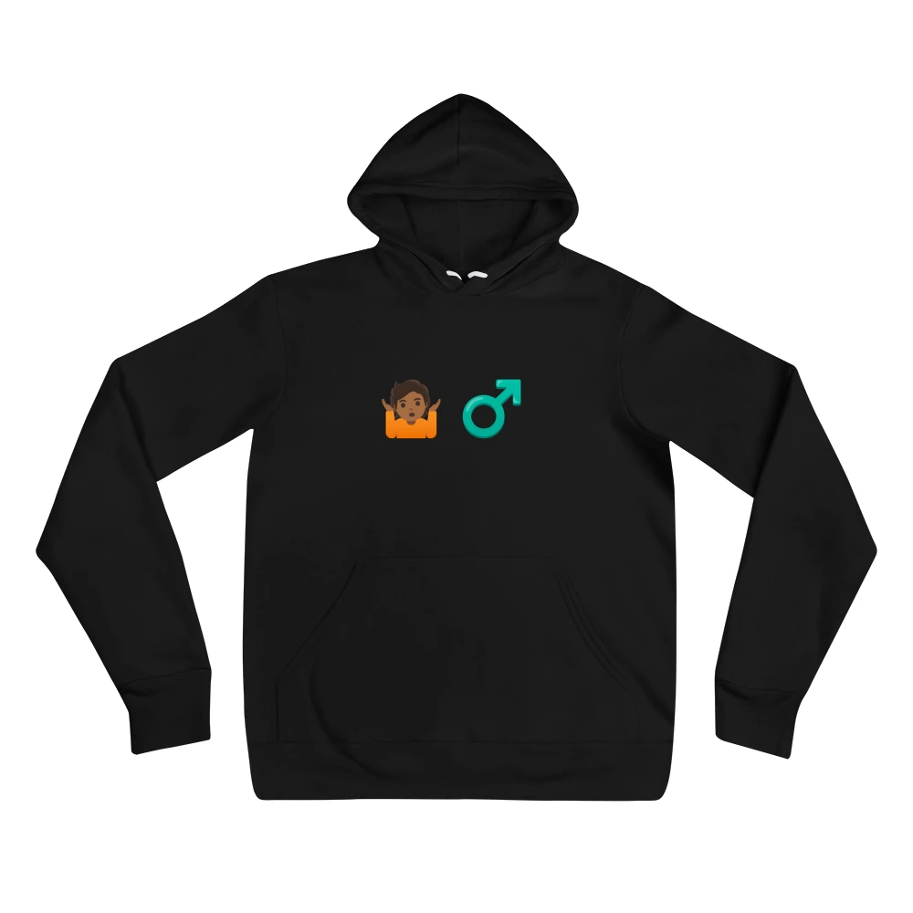 Hoodie with the phrase '🤷🏾 ♂️' printed on the front