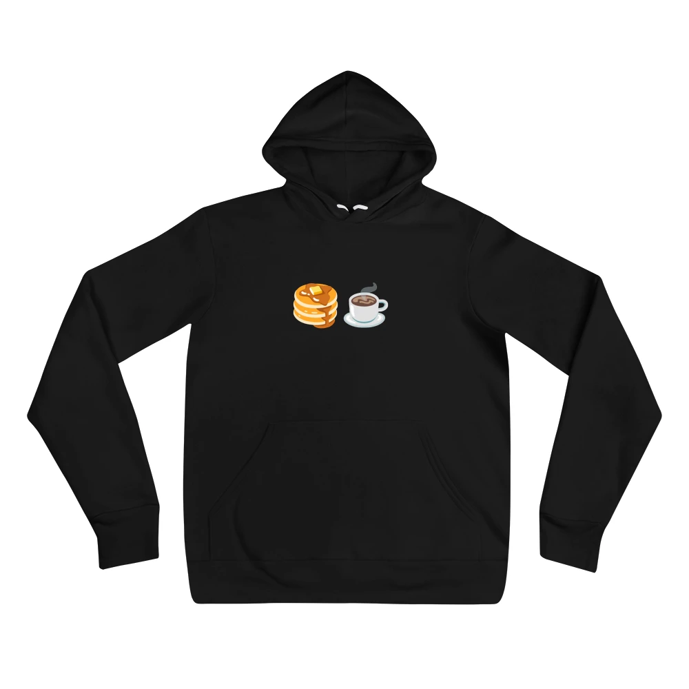 Hoodie with the phrase '🥞☕️' printed on the front