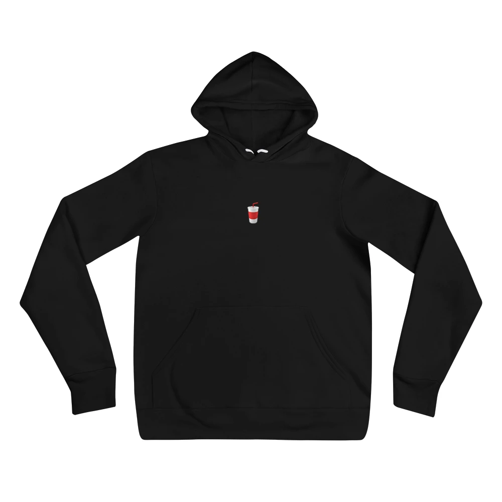Hoodie with the phrase '🥤' printed on the front