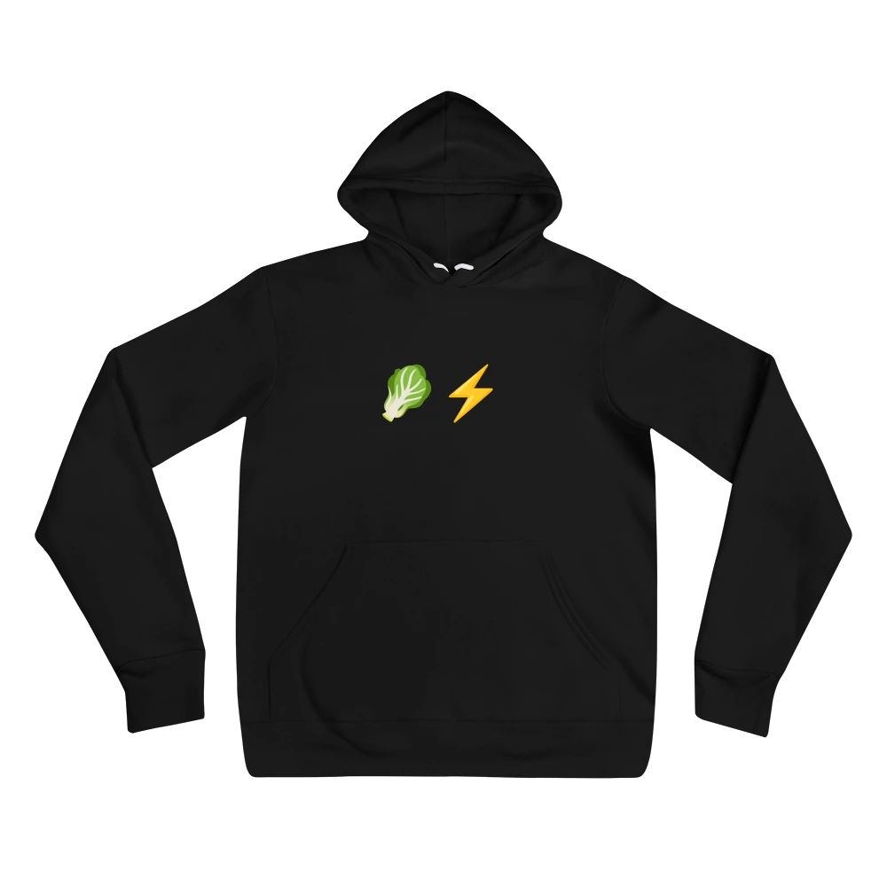 Hoodie with the phrase '🥬⚡️' printed on the front