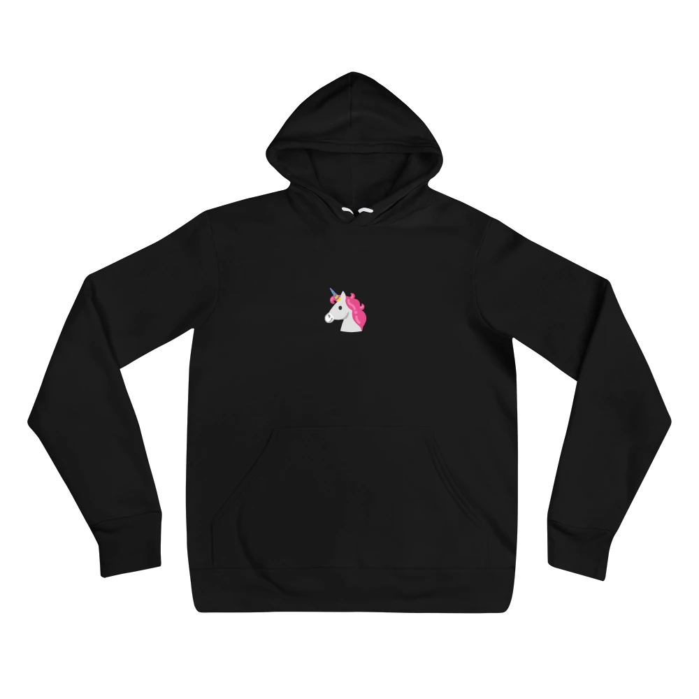 Hoodie with the phrase '🦄' printed on the front