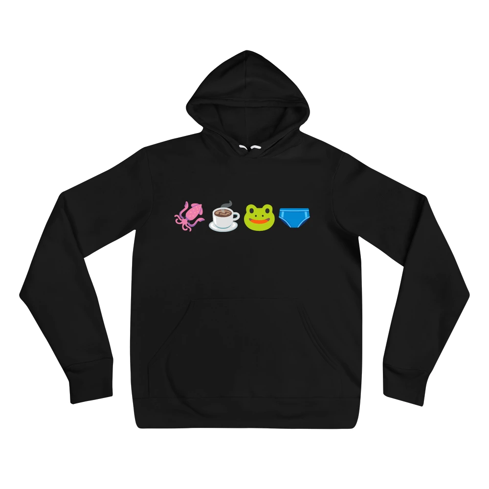 Hoodie with the phrase '🦑☕️🐸🩲' printed on the front
