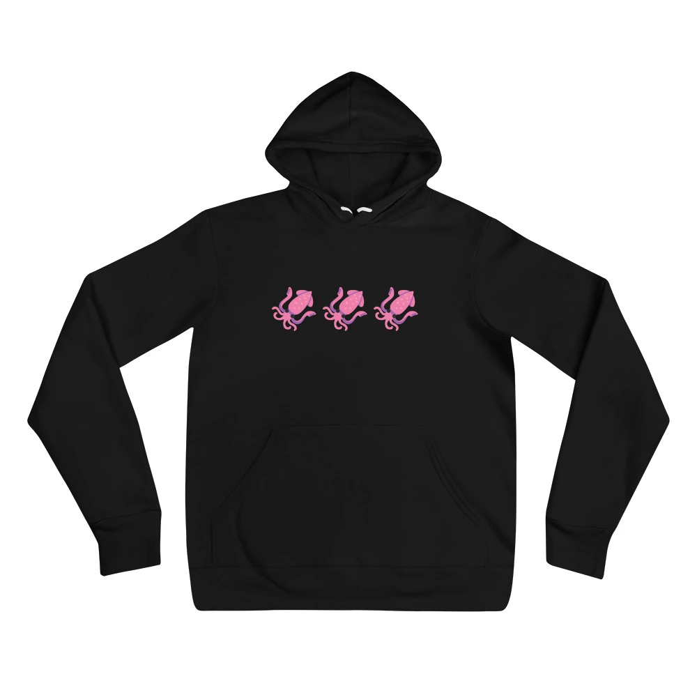 Hoodie with the phrase '🦑🦑🦑' printed on the front