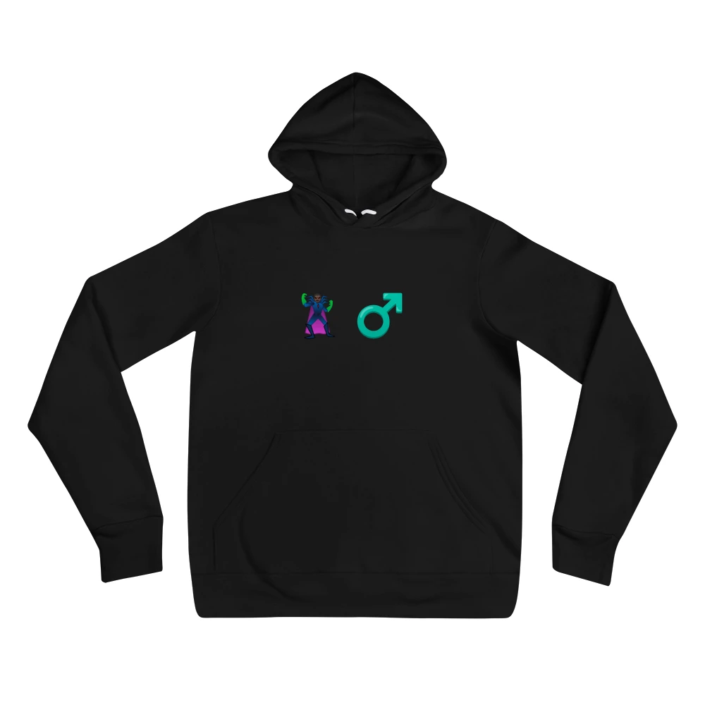 Hoodie with the phrase '🦹🏿 ♂️' printed on the front