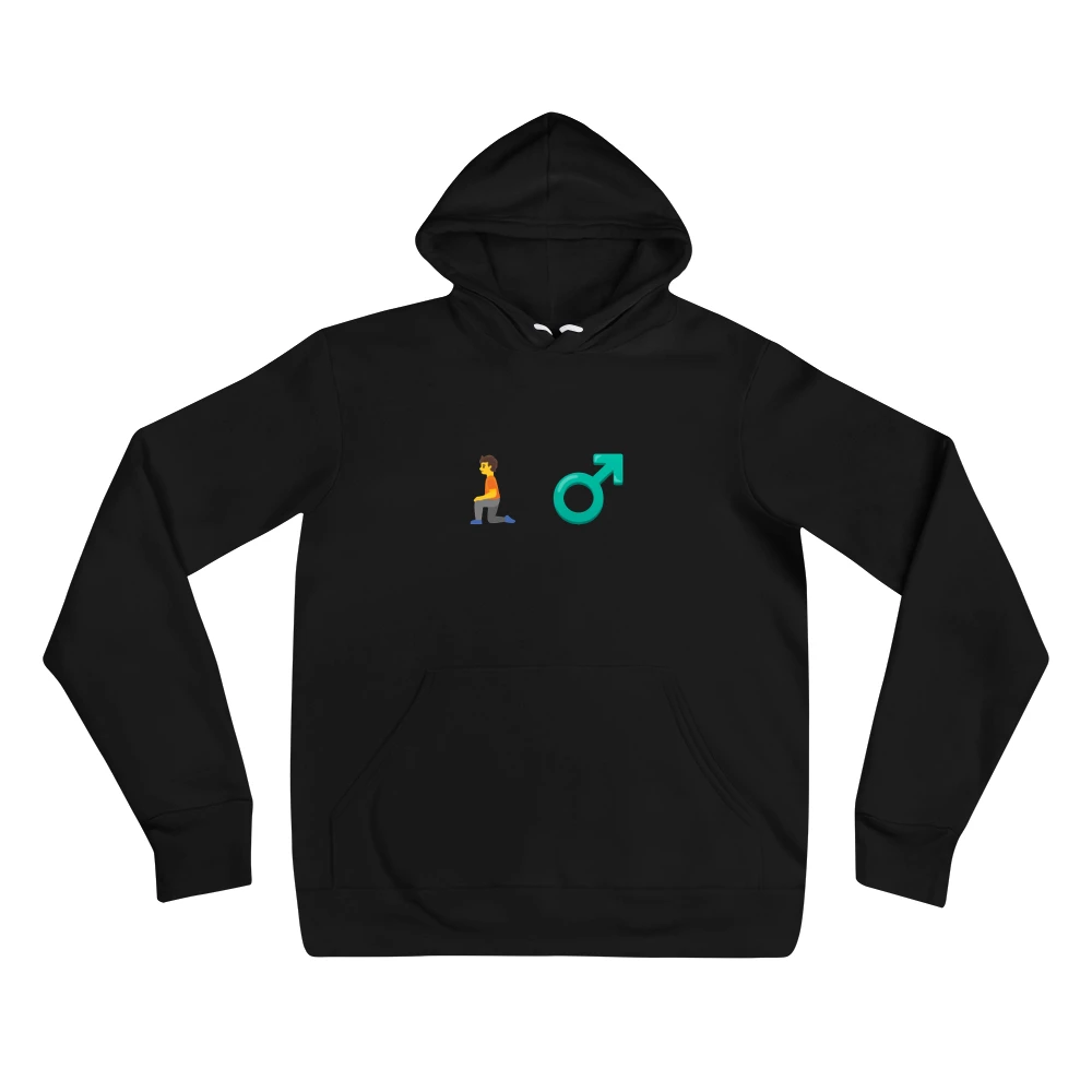 Hoodie with the phrase '🧎 ♂️' printed on the front
