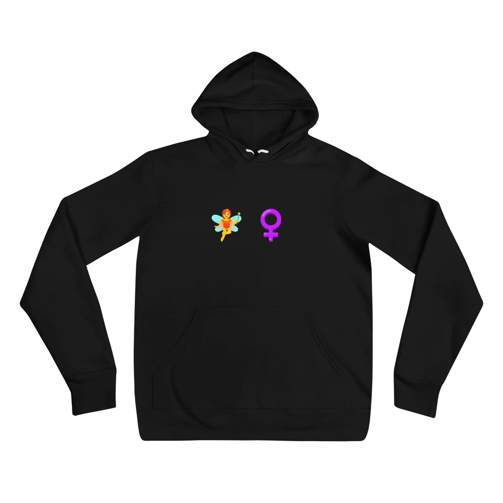 Hoodie with the phrase '🧚 ♀️' printed on the front