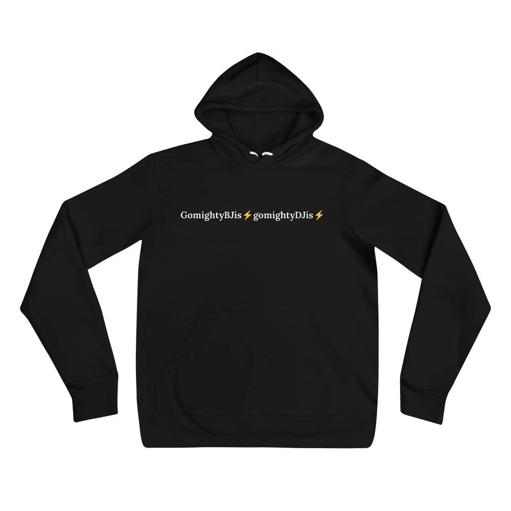 Hoodie with the phrase 'GomightyBJis⚡️gomightyDJis⚡️' printed on the front