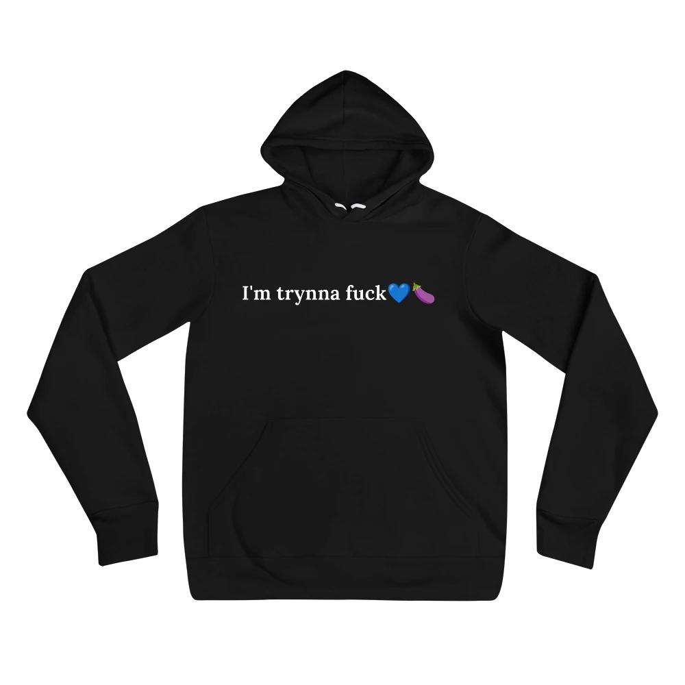 Hoodie with the phrase 'I'm trynna fuck💙🍆' printed on the front