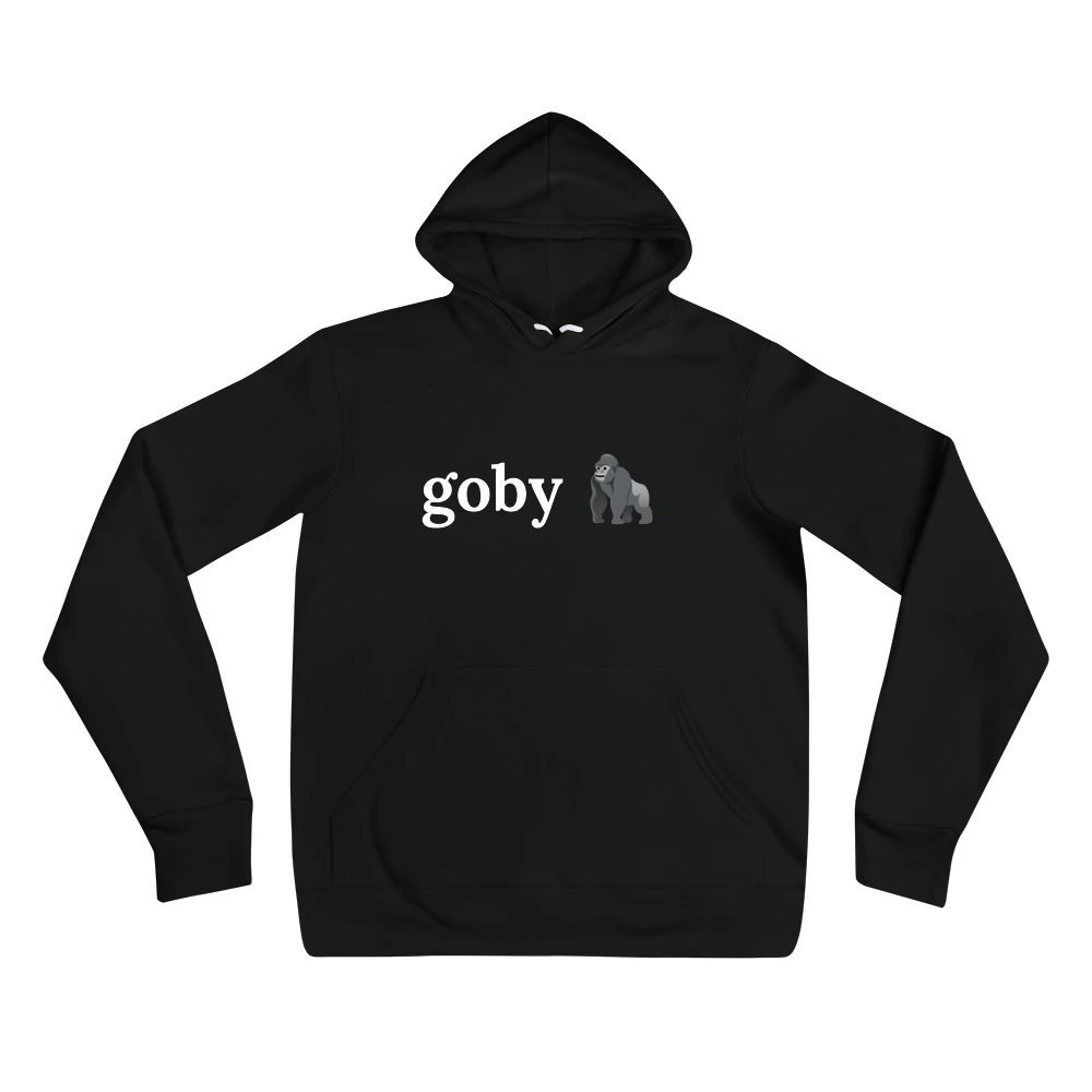 Hoodie with the phrase 'goby 🦍' printed on the front