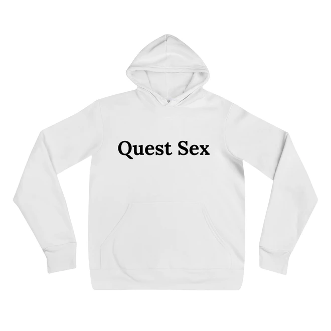 Hoodie with the phrase 'Quest Sex' printed on the front