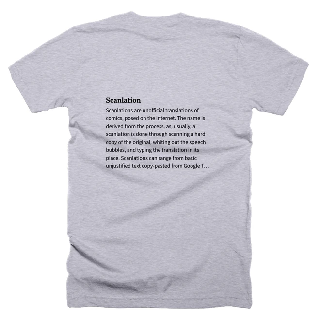 T-shirt with a definition of 'Scanlation' printed on the back