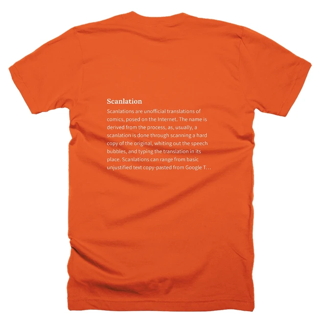 T-shirt with a definition of 'Scanlation' printed on the back