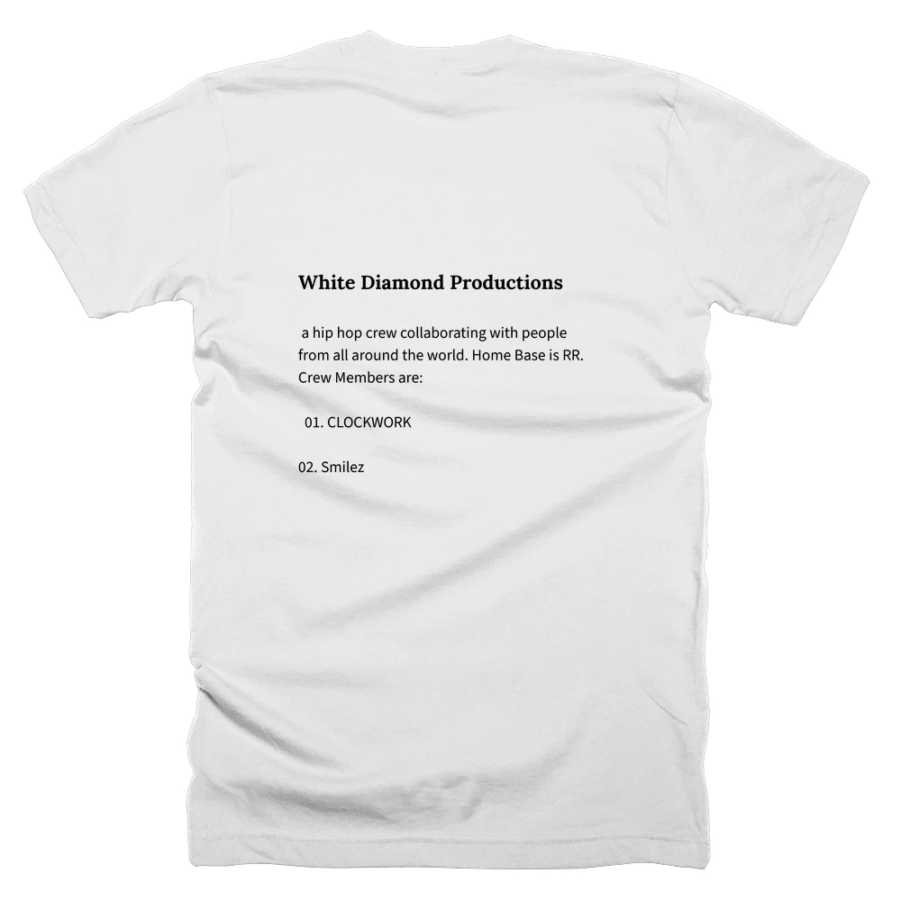 T-shirt with a definition of 'White Diamond Productions' printed on the back