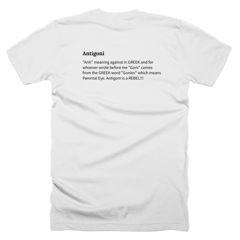 T-shirt with a definition of 'Antigoni' printed on the back