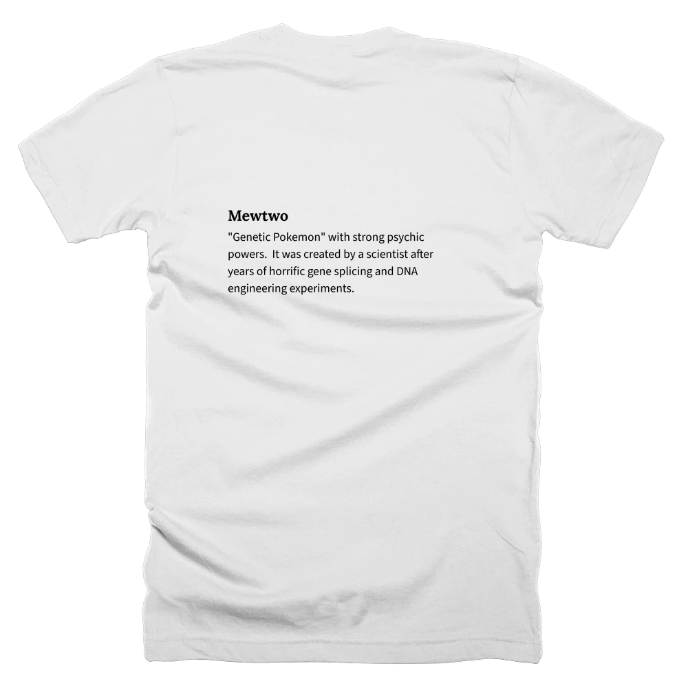 T-shirt with a definition of 'Mewtwo' printed on the back