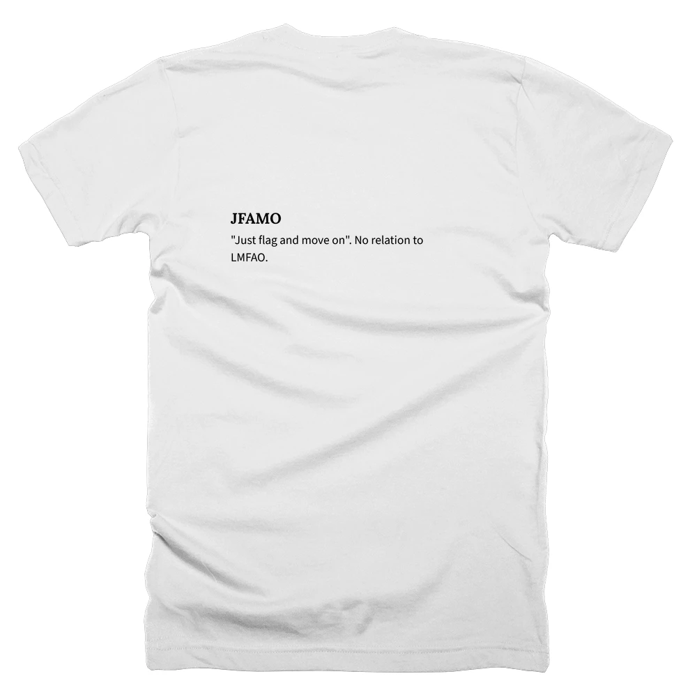 T-shirt with a definition of 'JFAMO' printed on the back