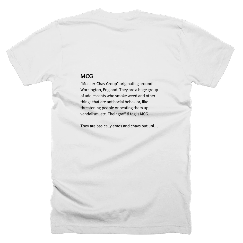 T-shirt with a definition of 'MCG' printed on the back