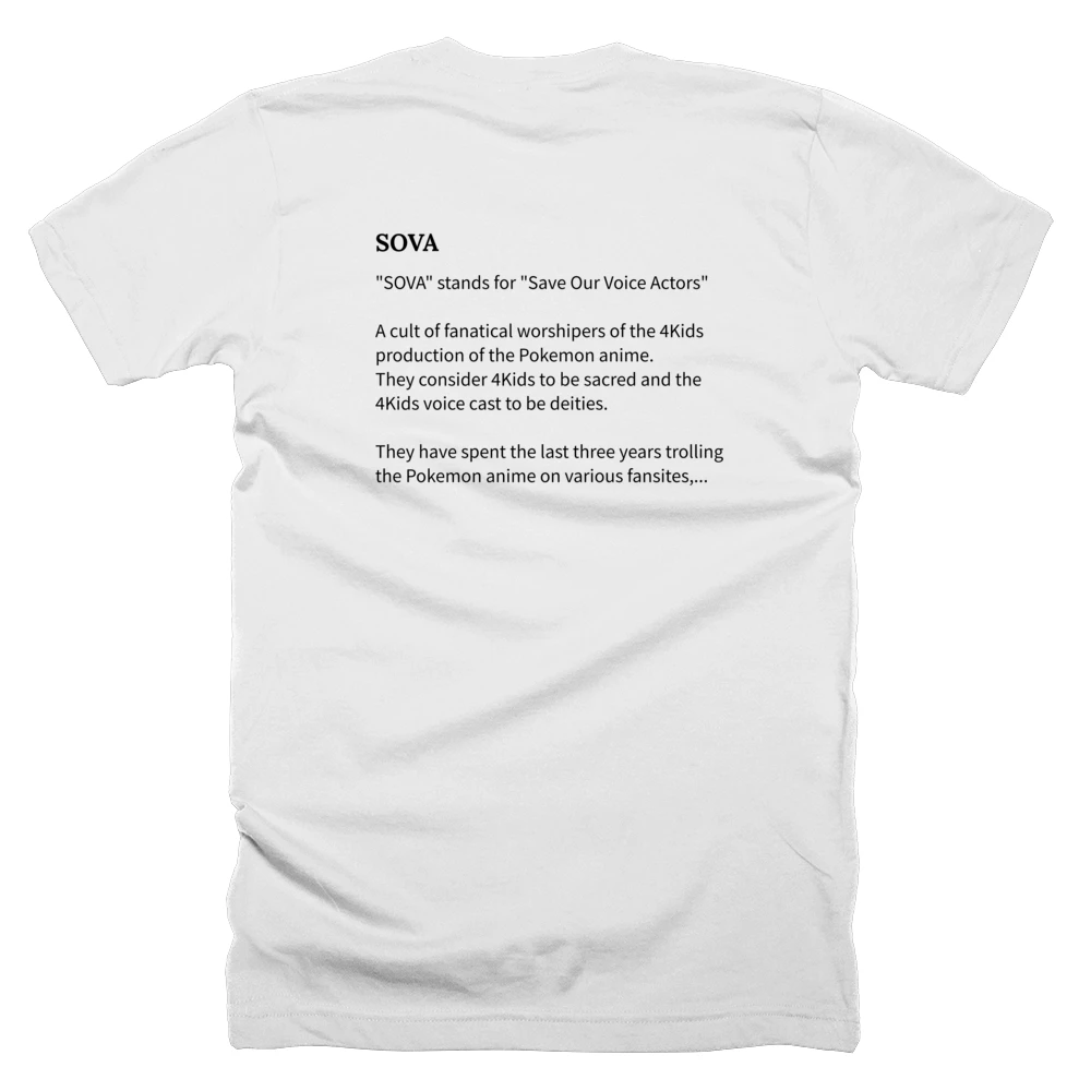 T-shirt with a definition of 'SOVA' printed on the back