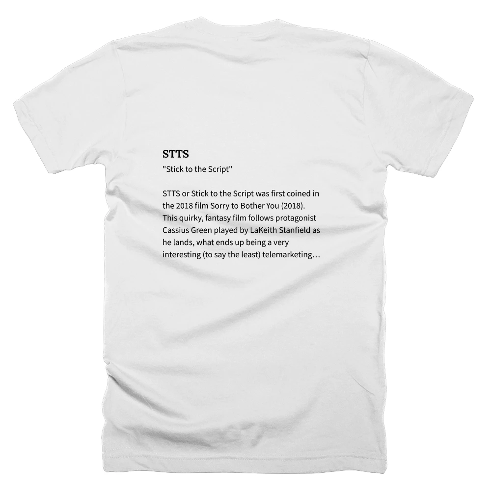T-shirt with a definition of 'STTS' printed on the back