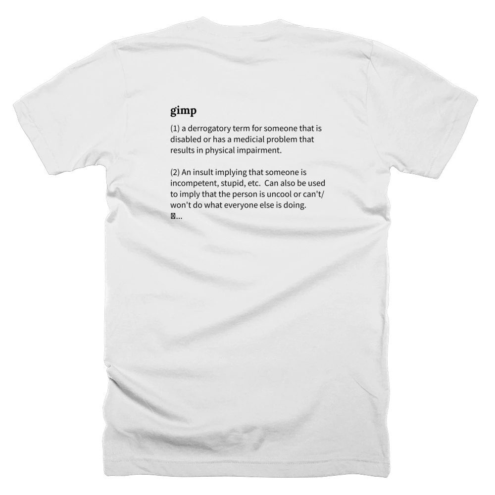 T-shirt with a definition of 'gimp' printed on the back
