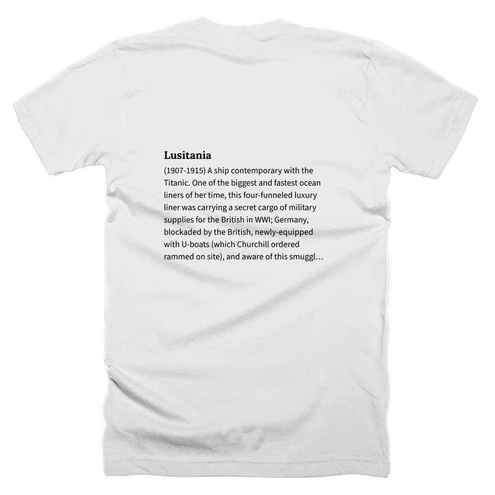 T-shirt with a definition of 'Lusitania' printed on the back