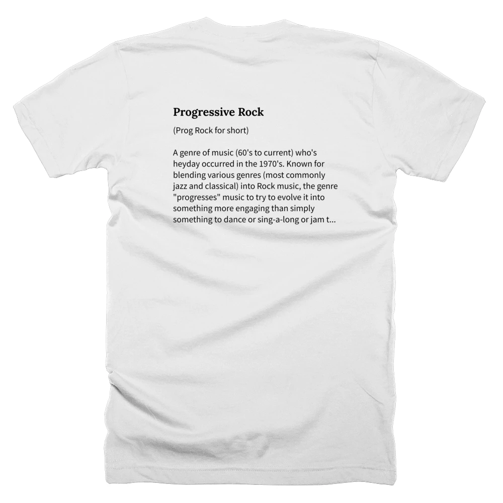T-shirt with a definition of 'Progressive Rock' printed on the back