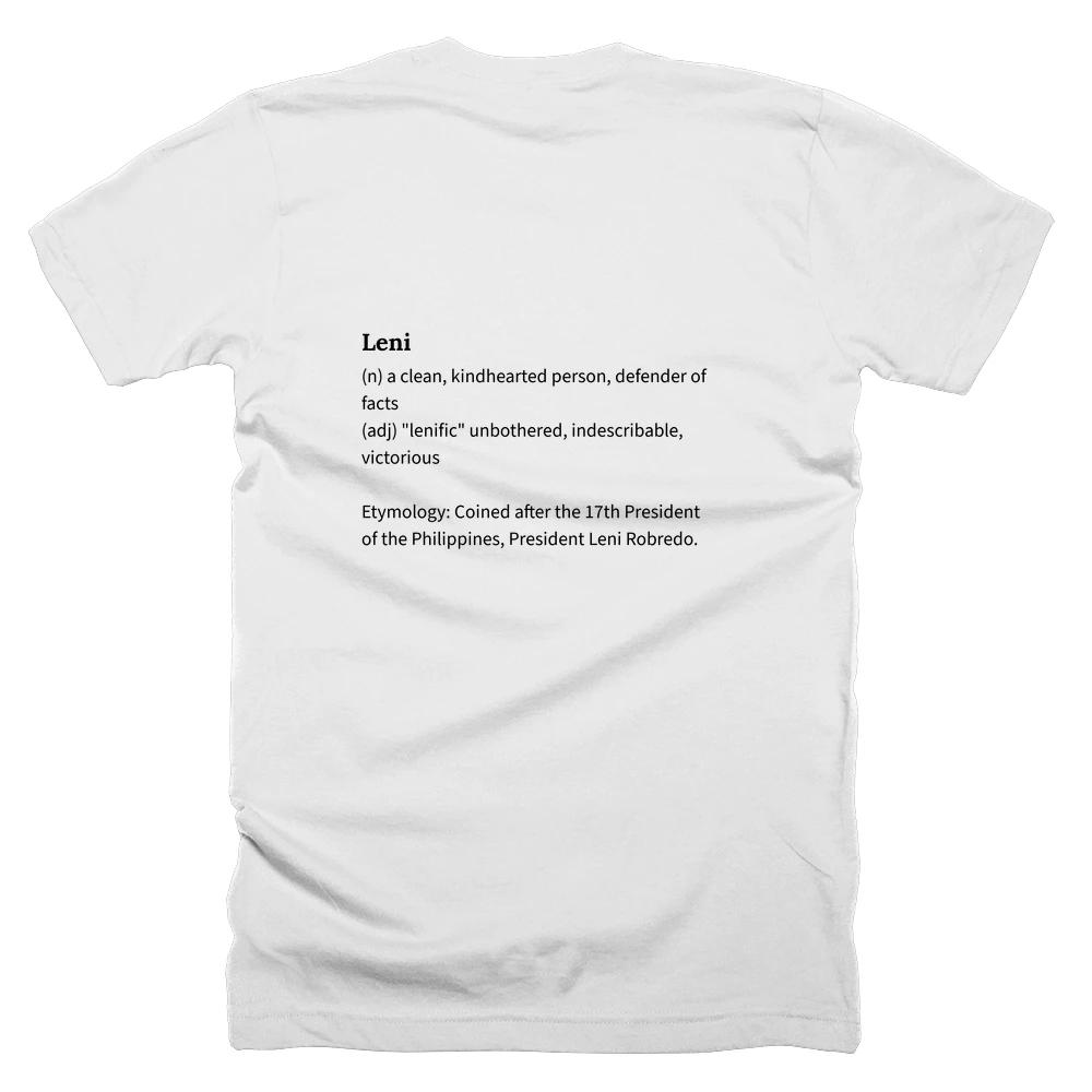 T-shirt with a definition of 'Leni' printed on the back