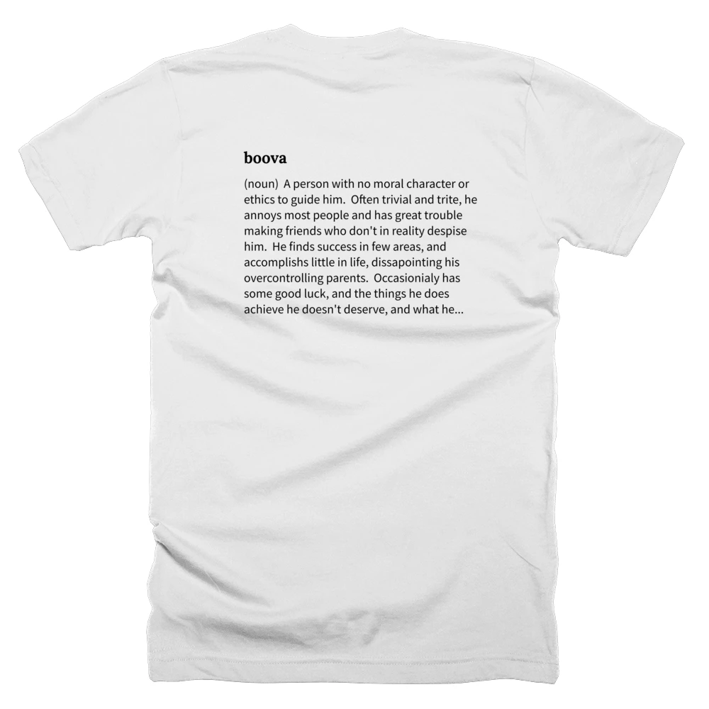 T-shirt with a definition of 'boova' printed on the back