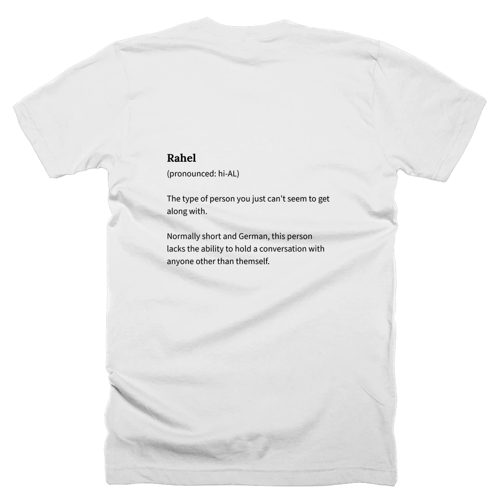 T-shirt with a definition of 'Rahel' printed on the back
