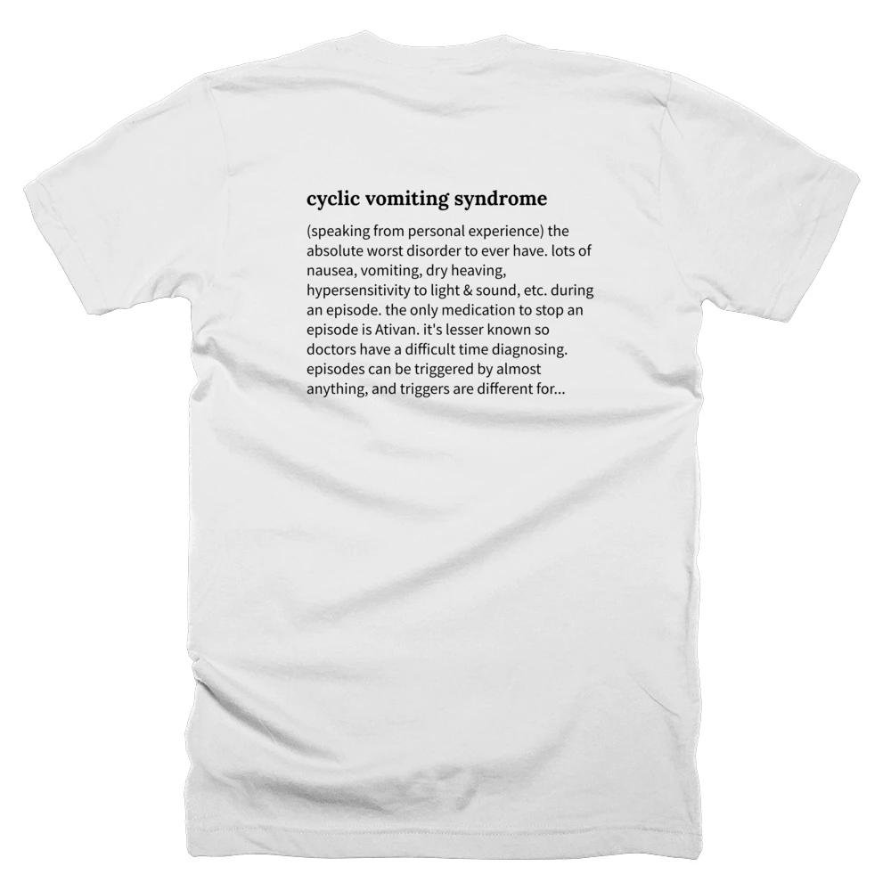 T-shirt with a definition of 'cyclic vomiting syndrome' printed on the back