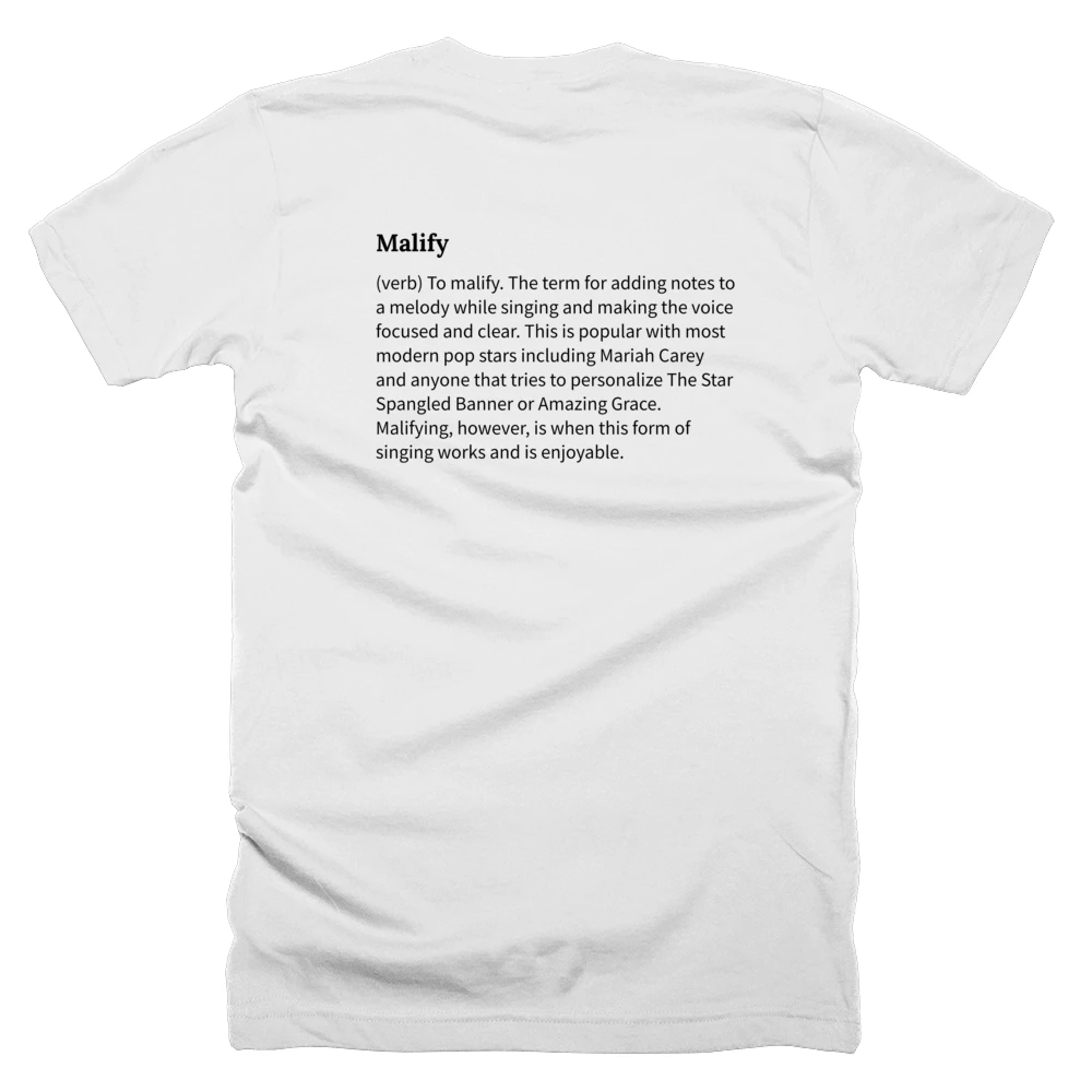 T-shirt with a definition of 'Malify' printed on the back