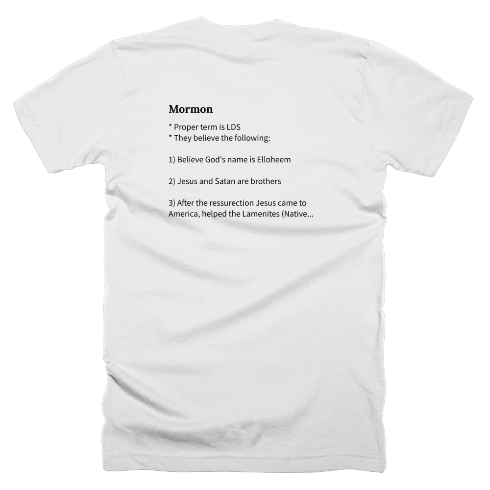 T-shirt with a definition of 'Mormon' printed on the back