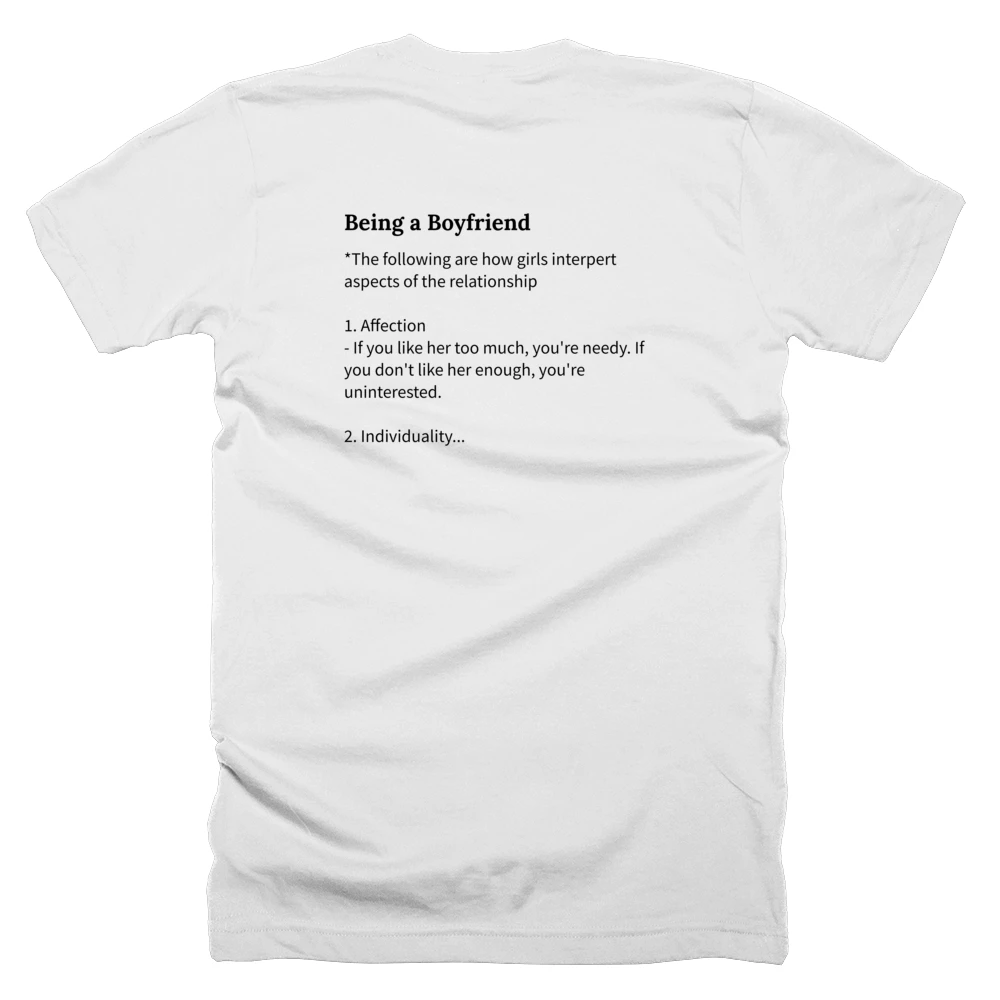 T-shirt with a definition of 'Being a Boyfriend' printed on the back