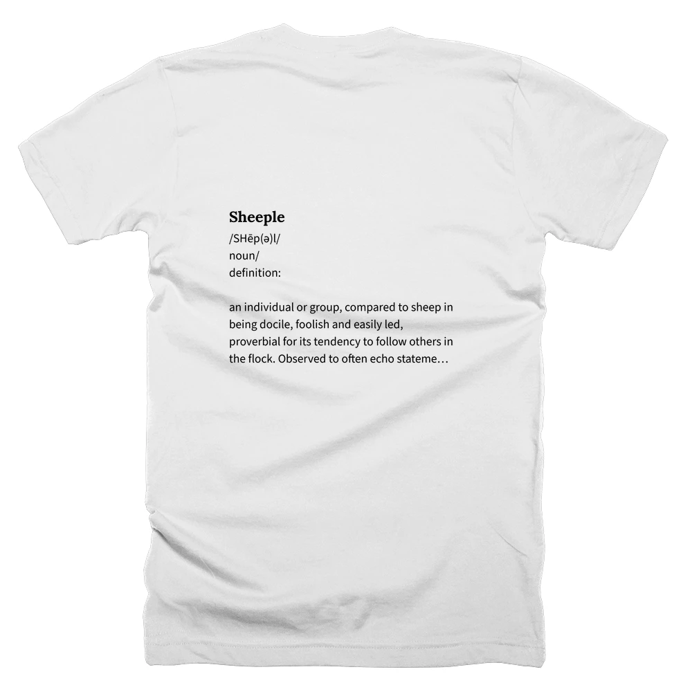 T-shirt with a definition of 'Sheeple' printed on the back