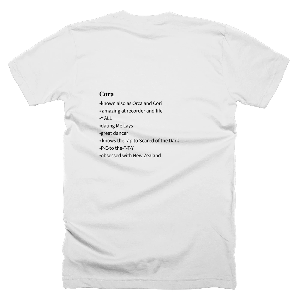 T-shirt with a definition of 'Cora' printed on the back