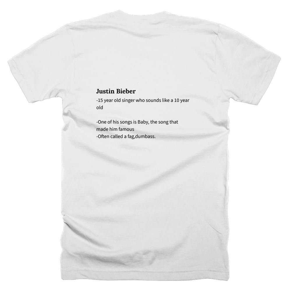 T-shirt with a definition of 'Justin Bieber' printed on the back