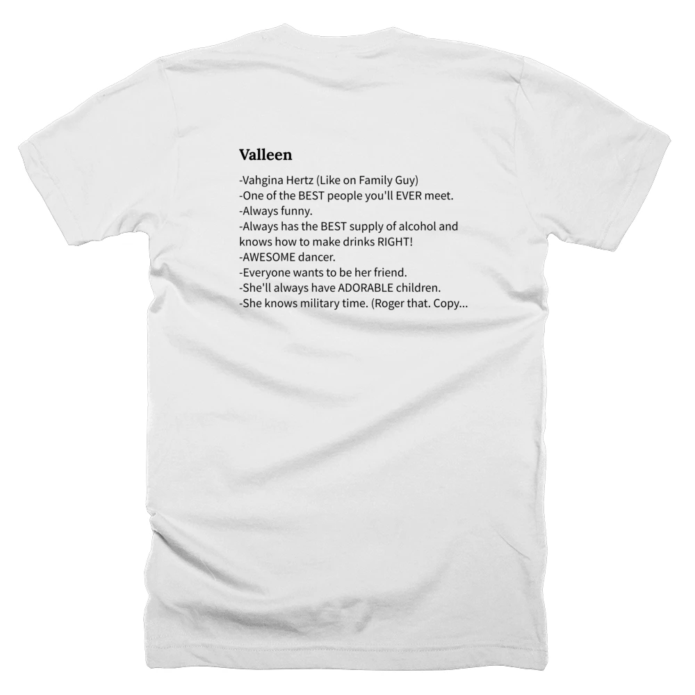 T-shirt with a definition of 'Valleen' printed on the back
