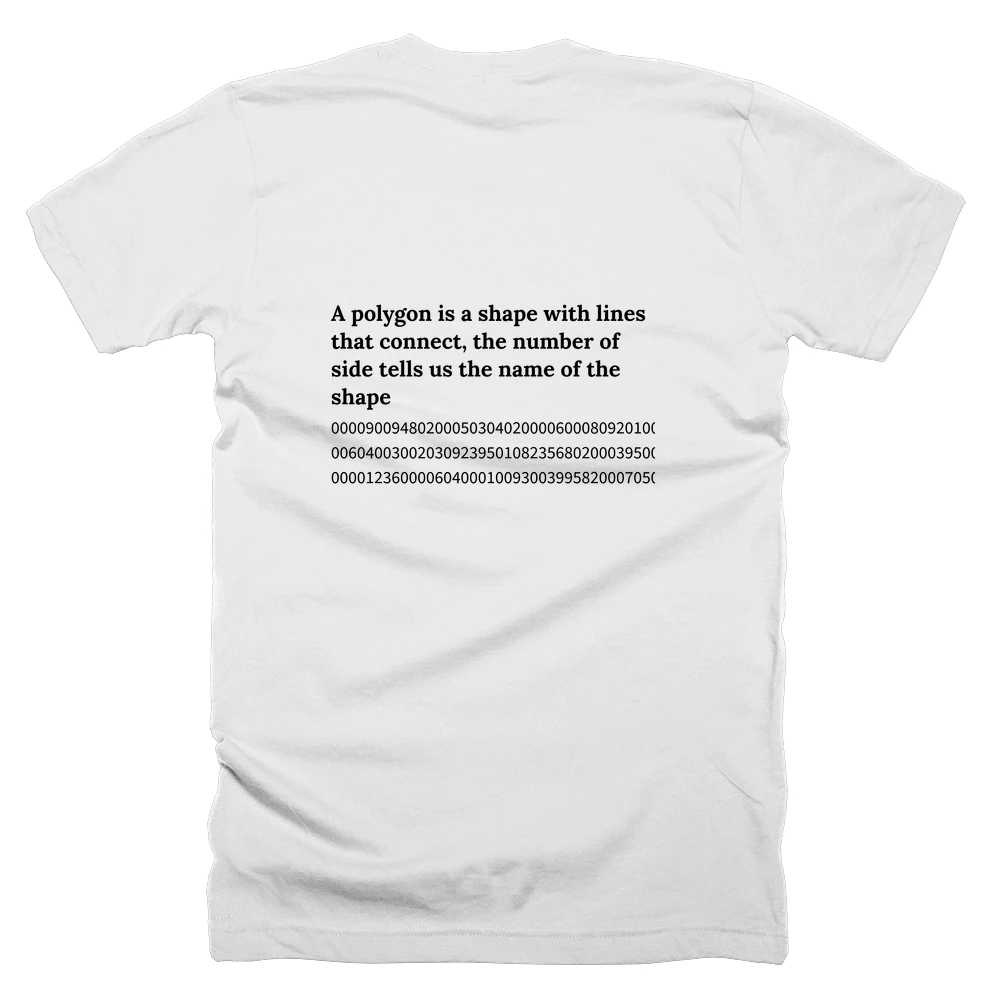 T-shirt with a definition of 'A polygon is a shape with lines that connect, the number of side tells us the name of the shape' printed on the back