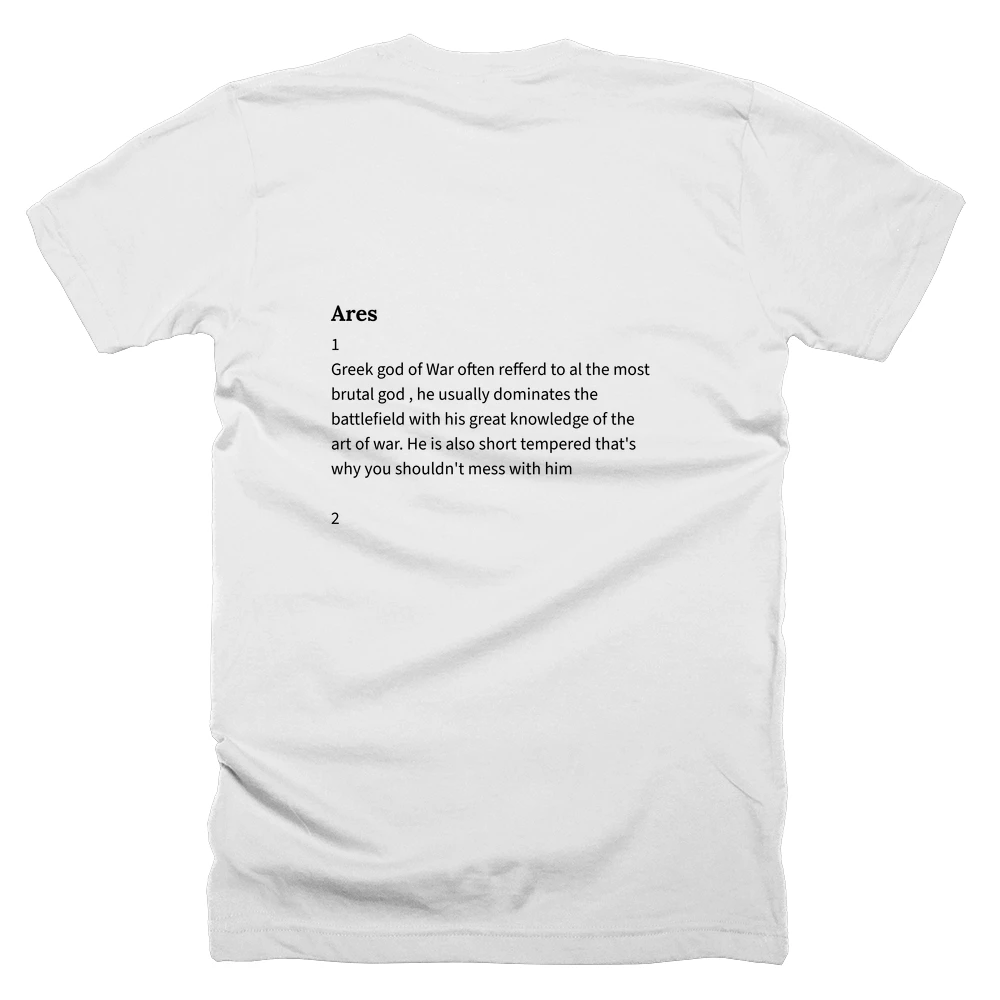 T-shirt with a definition of 'Ares' printed on the back