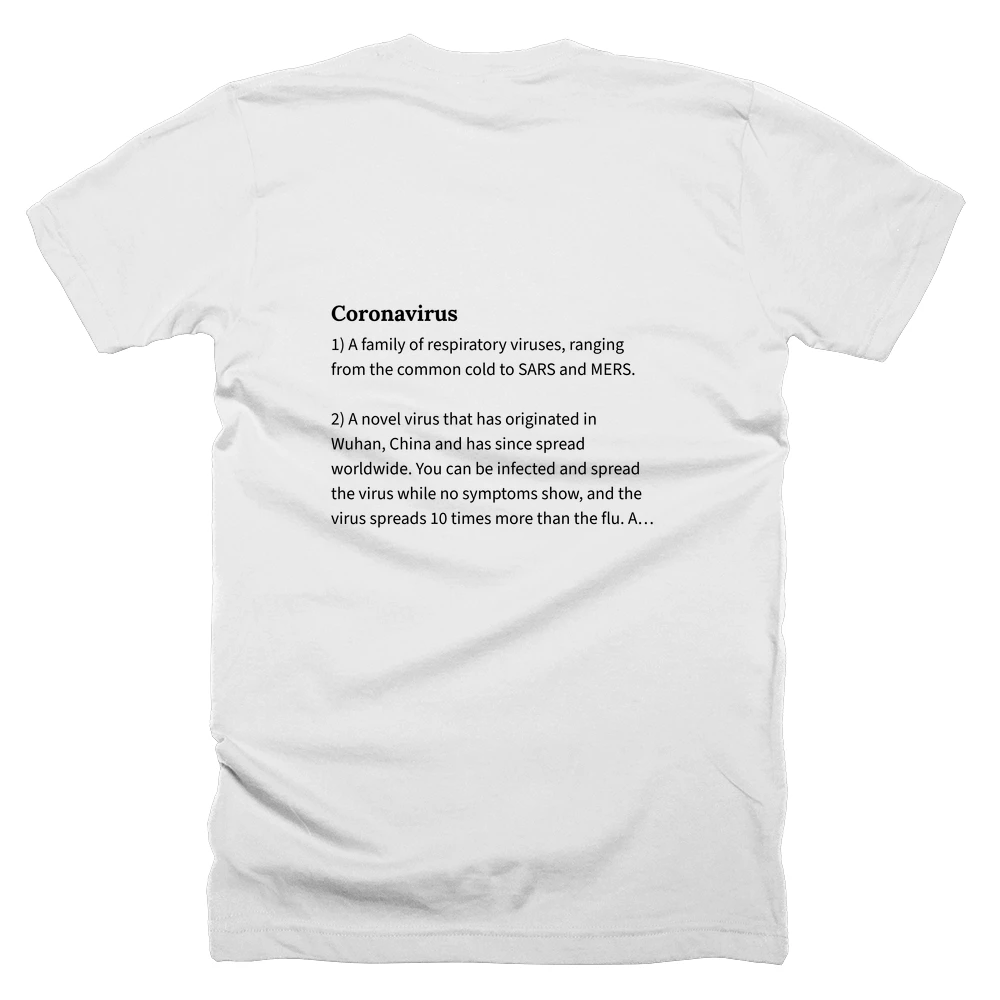 T-shirt with a definition of 'Coronavirus' printed on the back