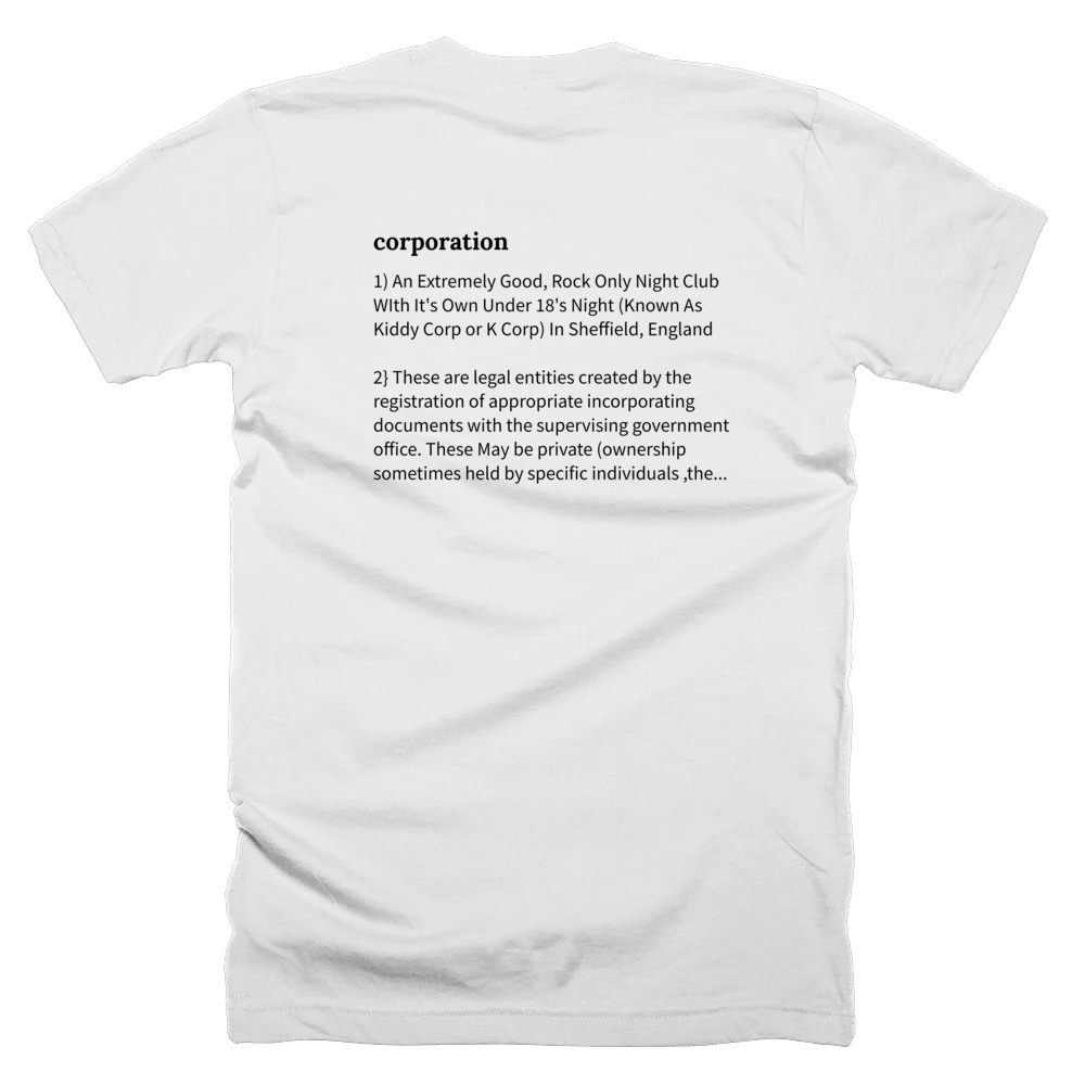 T-shirt with a definition of 'corporation' printed on the back
