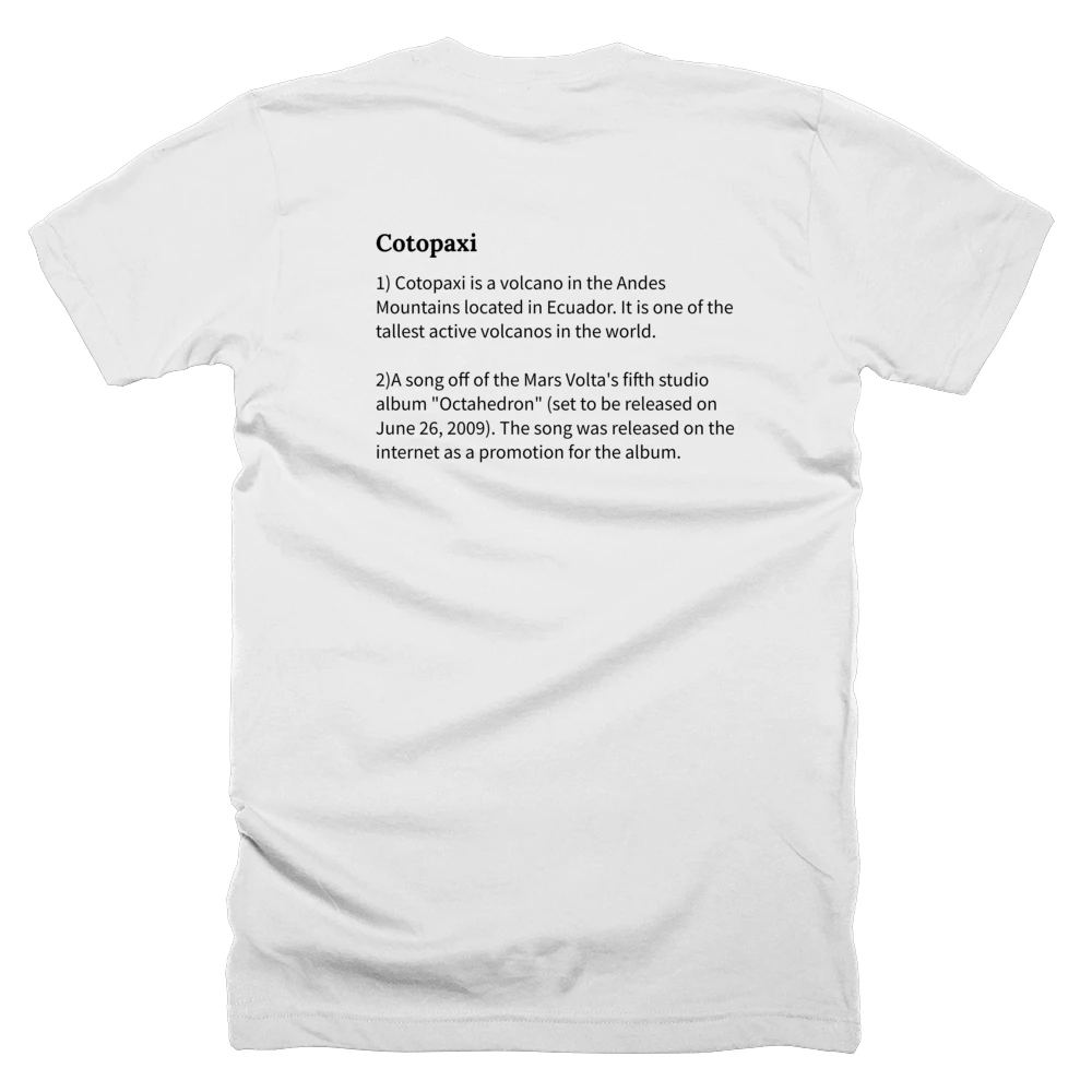 T-shirt with a definition of 'Cotopaxi' printed on the back