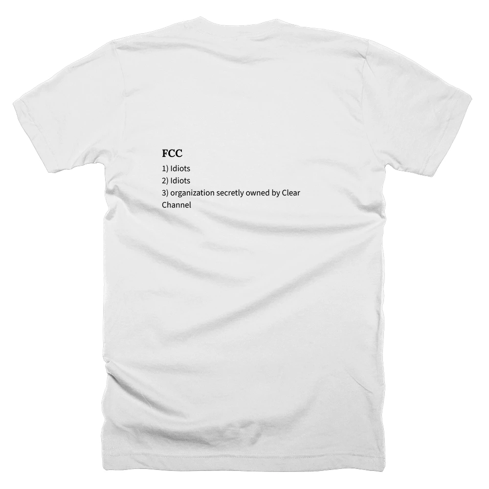 T-shirt with a definition of 'FCC' printed on the back