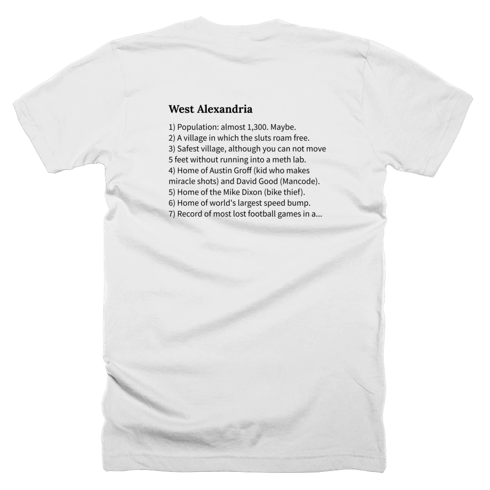 T-shirt with a definition of 'West Alexandria' printed on the back
